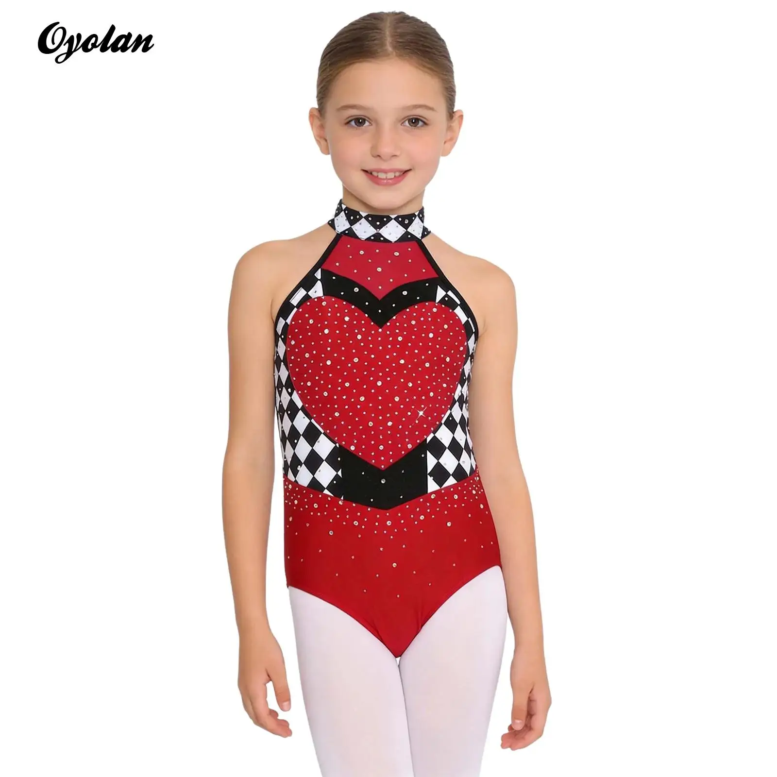 

Girls Shiny Rhinestones Heart Queen Dress Up Halter Gymnastics Ballet Jersey Dance Bodysuit Jumpsuit Cosplay Theme Party Costume