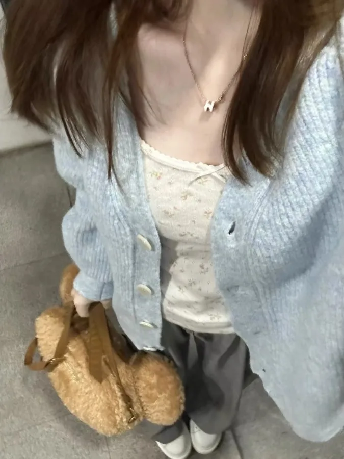 

Свободный вязаный кардиган Lav, женский свитер V-Ne, универсальный осенний корейский Sle Long Sve, мягкий трикотаж, топ