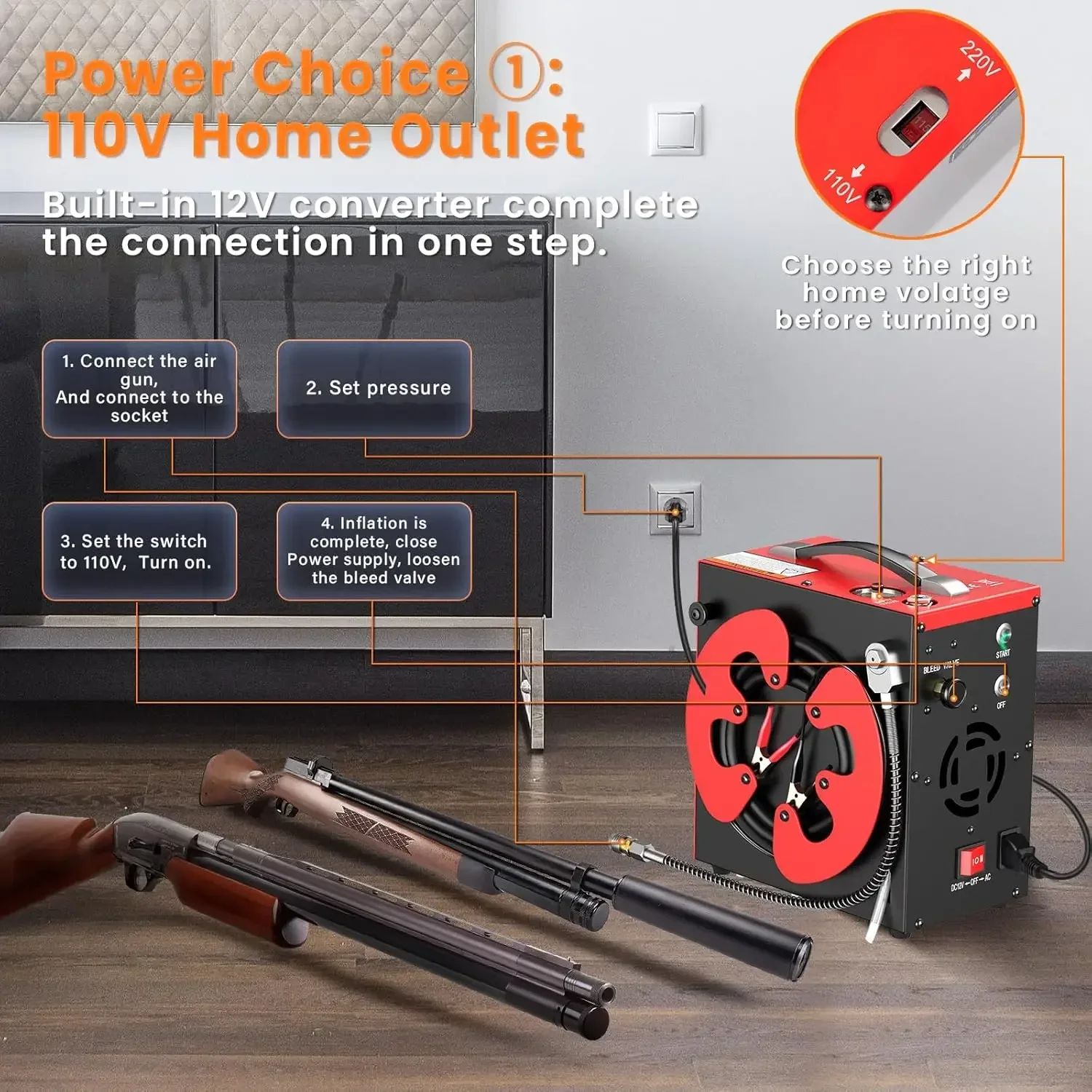 CS3-I Portable PCP Air Compressor Built-in Home Converter, Auto-Stop Oil-Free Built-in Water-Oil Separator Filter