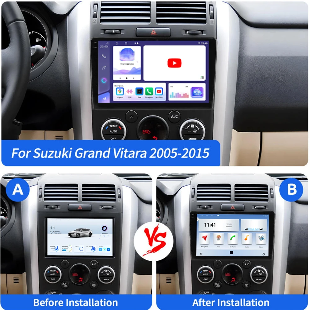 9 ''لسوزوكي جراند فيتارا 2005-2015 راديو السيارة لتحديد المواقع الوسائط المتعددة Carplay أندرويد 15 الملاحة اللاسلكية كاميرا ذكية 4 + 64 جيجابايت