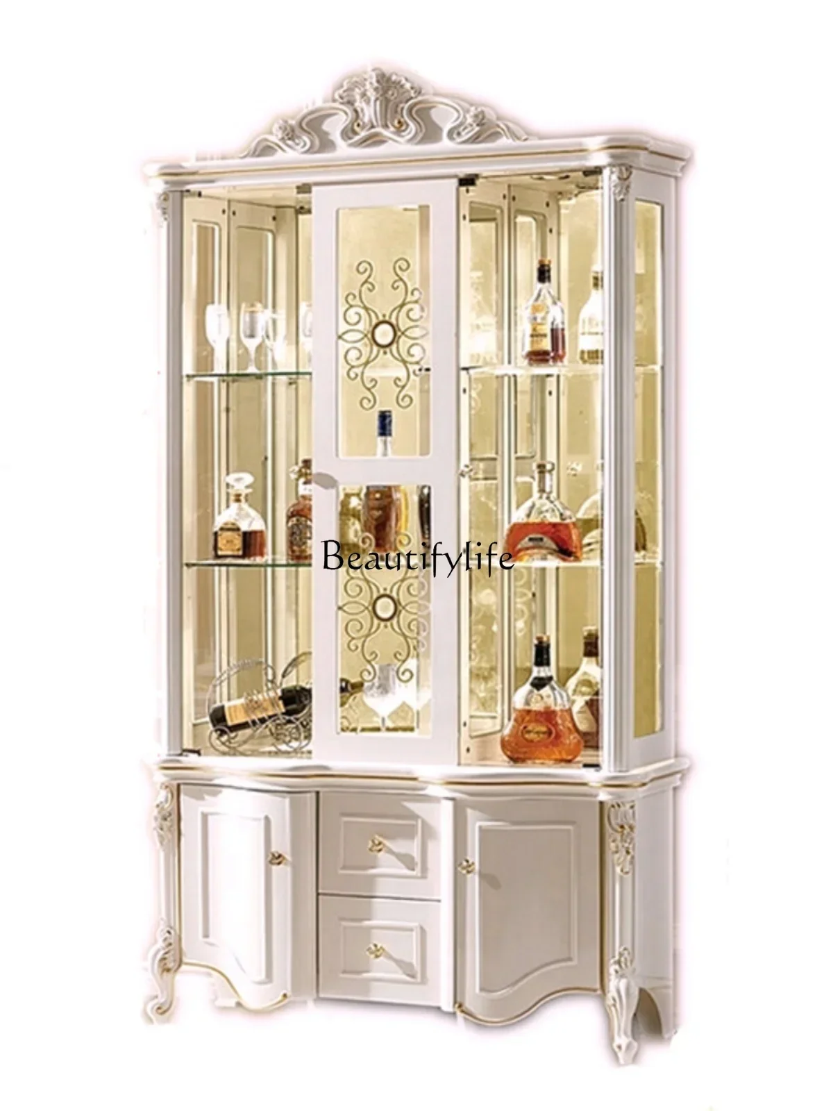 European-Style Wall Home Living Room Glass Display Luxury Curio Cabinet Locker with Door