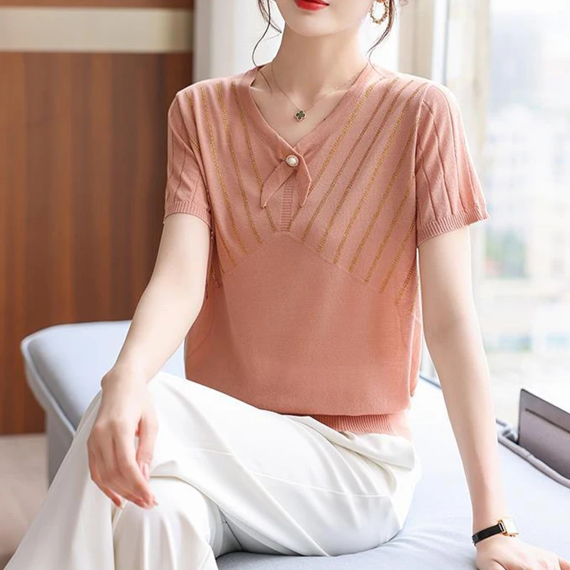 Summer Elegant Fashion Chic T-shirt Women Aesthetic Gentle Basic Stylish Solid Color Short Sleeve Loose Casual Stripe V Neck Top