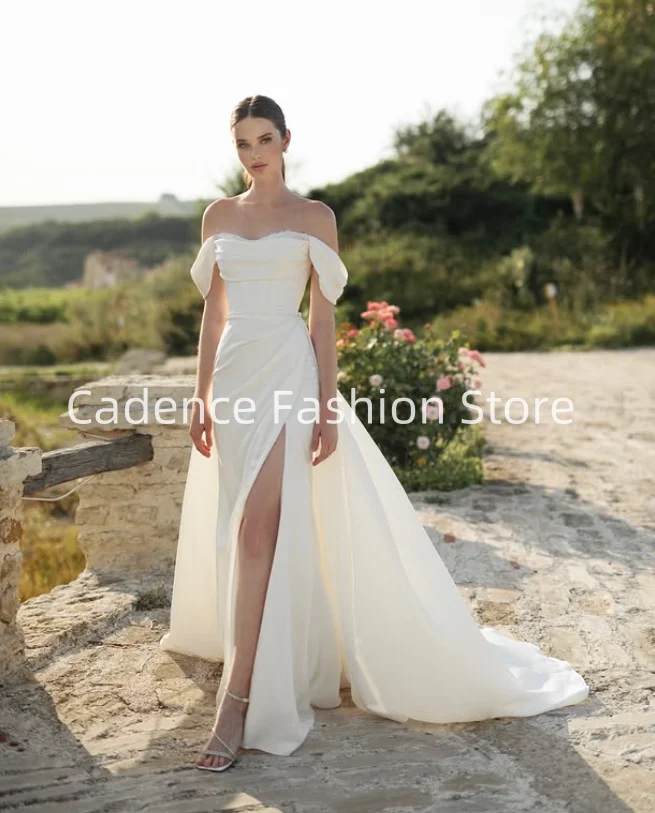 Personalizado elegante feminino split sereia vestidos de casamento espartilho alça traseira cetim vestidos de noiva banquete de casamento