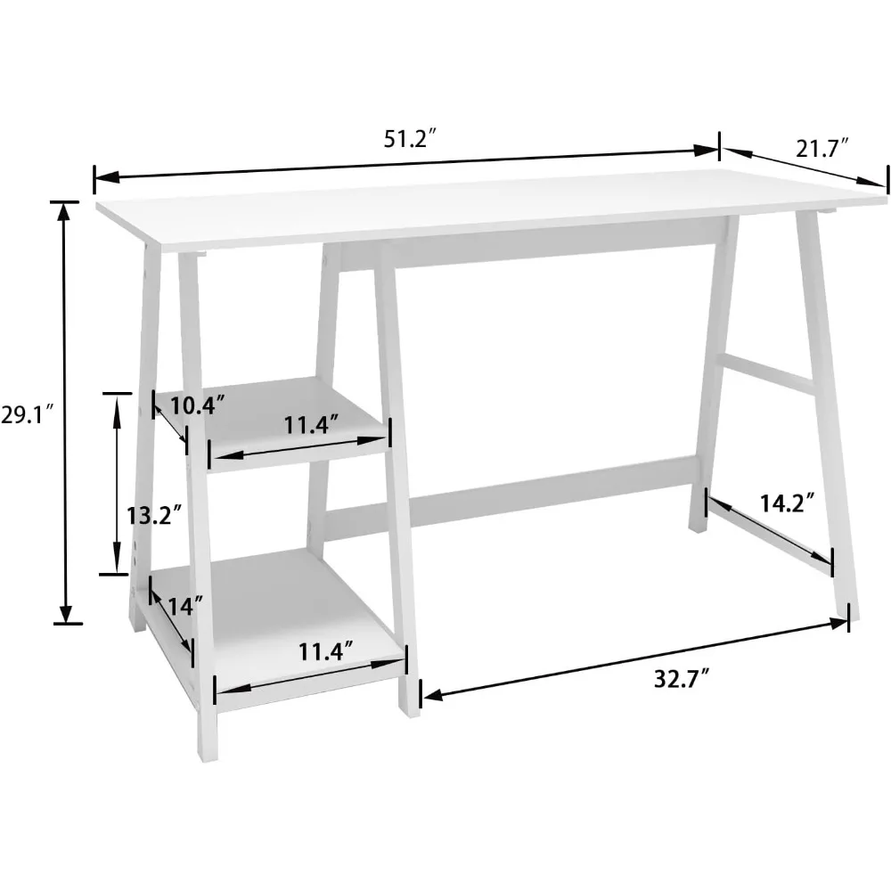 Mesa Branca com Prateleiras De Armazenamento Para Crianças, Mesa De Estudo, Mesa De Escrita, Escritório Em Casa, Computador, Estudante, Meninas, 2-Tier, 51"