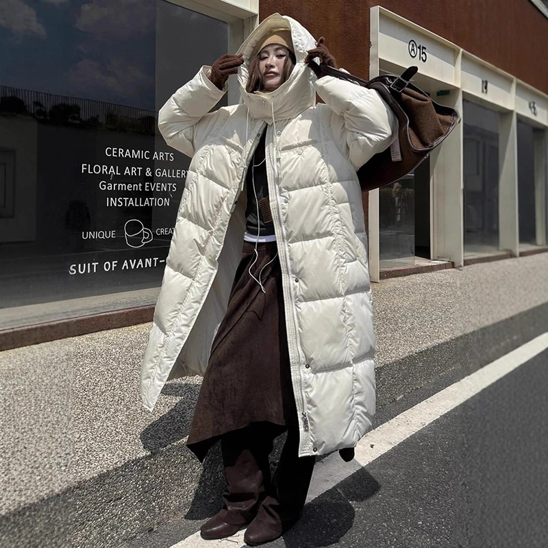 

Winter White Duck Down Knee Length Down Jacket Women Long Waterproof Hooded Down Jacket Female Thick Warm Parka Outwear Overcoat
