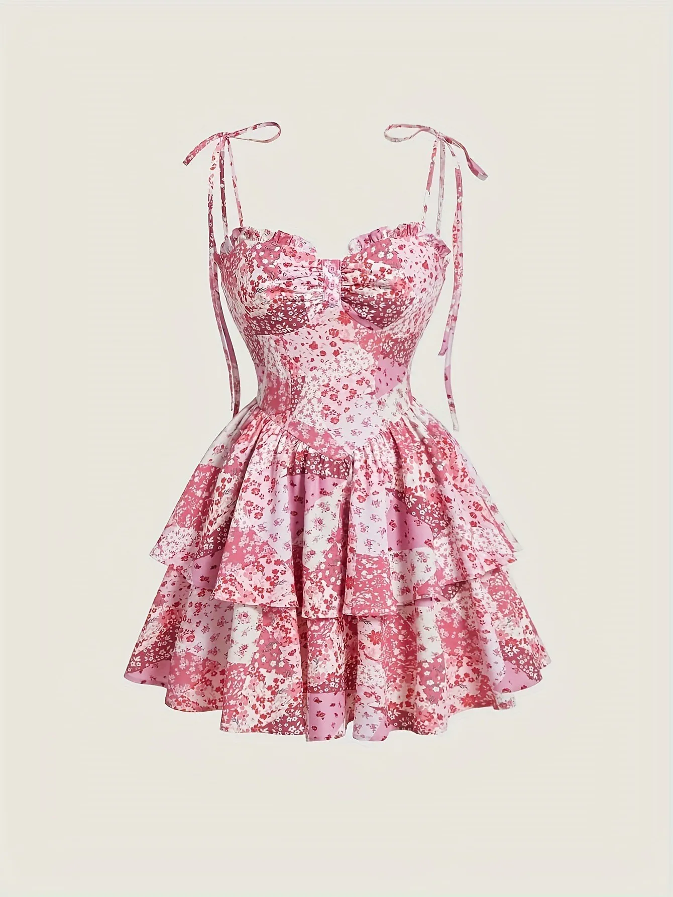 Feminino rosa floral retalhos mini vestido cinta de espaguete babados em camadas bustier vestido elegante roupa casual para namoro e festas
