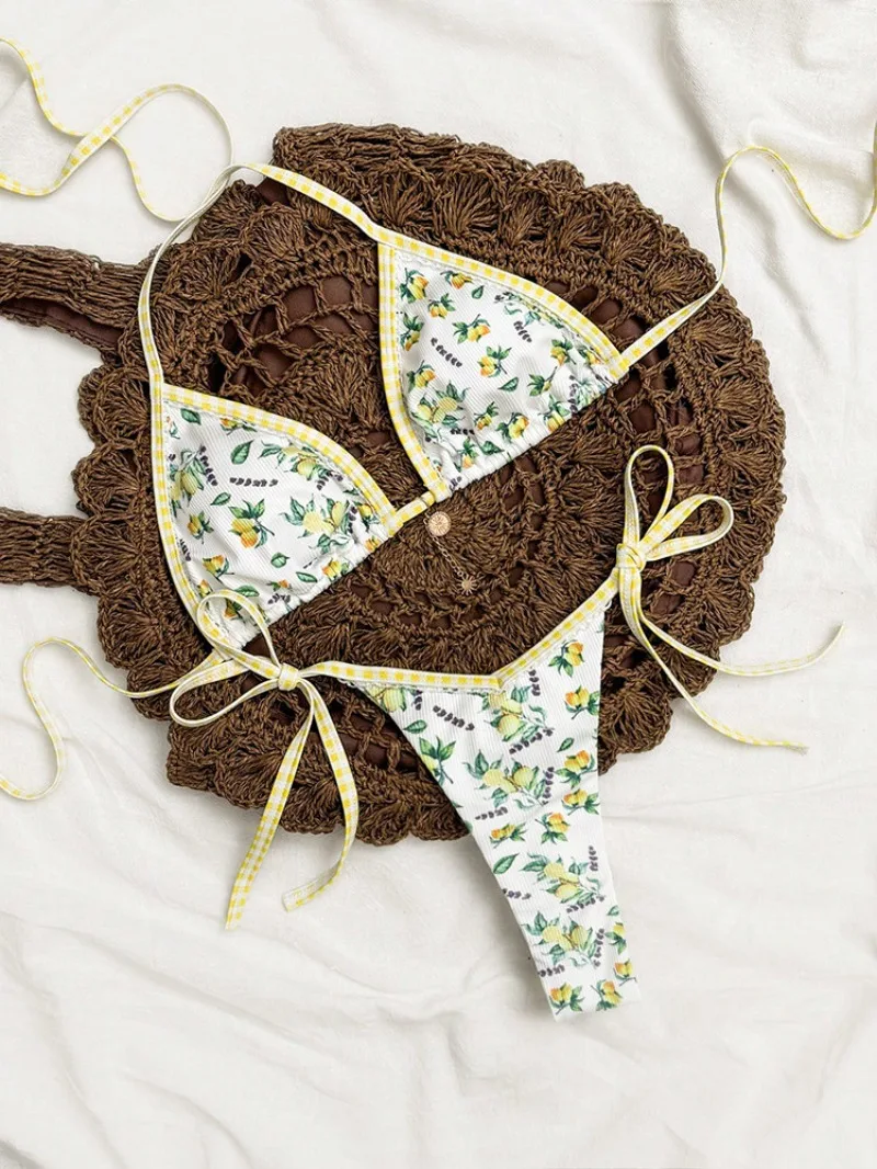 

Сексуальные купальники-бикини с фруктовым принтом, комплект из двух частей, с завязками на шее, в клетку, пэчворк, купальники, комплект бикини, танкини