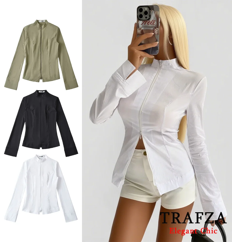 

TRAFZA Modern Lady Zipper Shirts Long-sleeved Slim Waist Shirt 2025 Spring Summer Commute High Street Simple Women Shirts Jacket