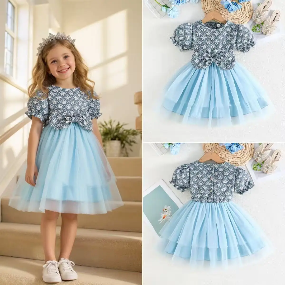 

2026 New Summer Toddler Girls Princess Dress Short Sleeve Floral Jacquard Tulle Dress With Bowknot Fashion Kids Dress