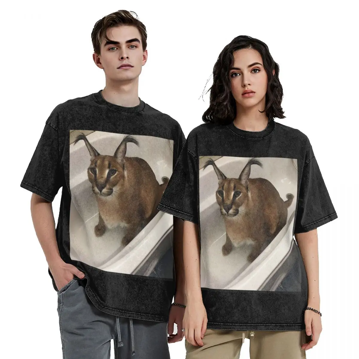 Big Floppa Animal Cat Washed T Shirts Harajuku Short Sleeve Hip Hop T-Shirt Streetwear Tops Tees for Men Women