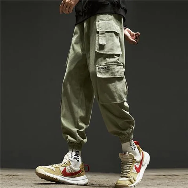 Fashion Solid Color Printing Letter Waist Drawcord Multiple Pockets Cargo Pants Man Classic Foot-binding All-match Trousers