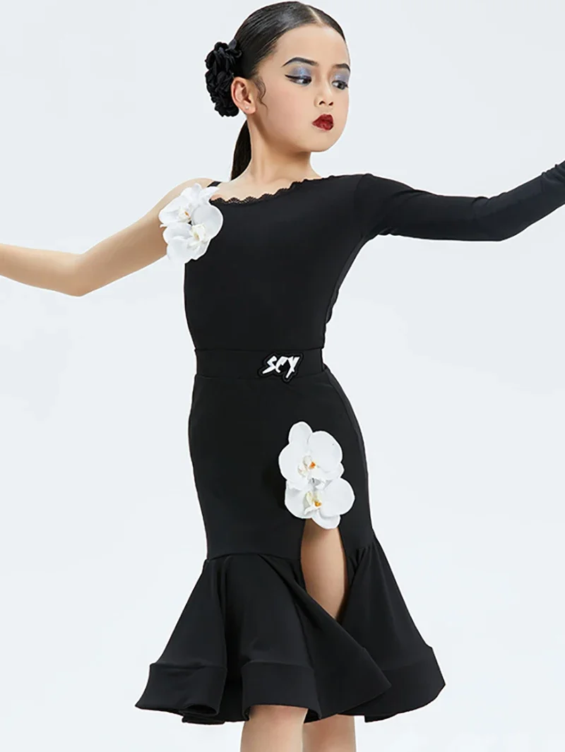 

Kids Girls Latin Dance Dress Flower Bodysuit Large Skirt Hem Ballroom Rumba Dancewear Training Chacha Performance Costumes