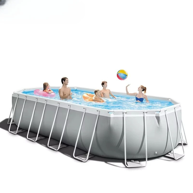 26798 610 * 305 * 122 CM marco de diversión familiar gris claro ovalado piscina con marco de acero sobre el suelo