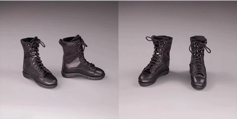 Botas táticas de combate pretas em escala 1/6 com base para figura de ação masculina de 12"