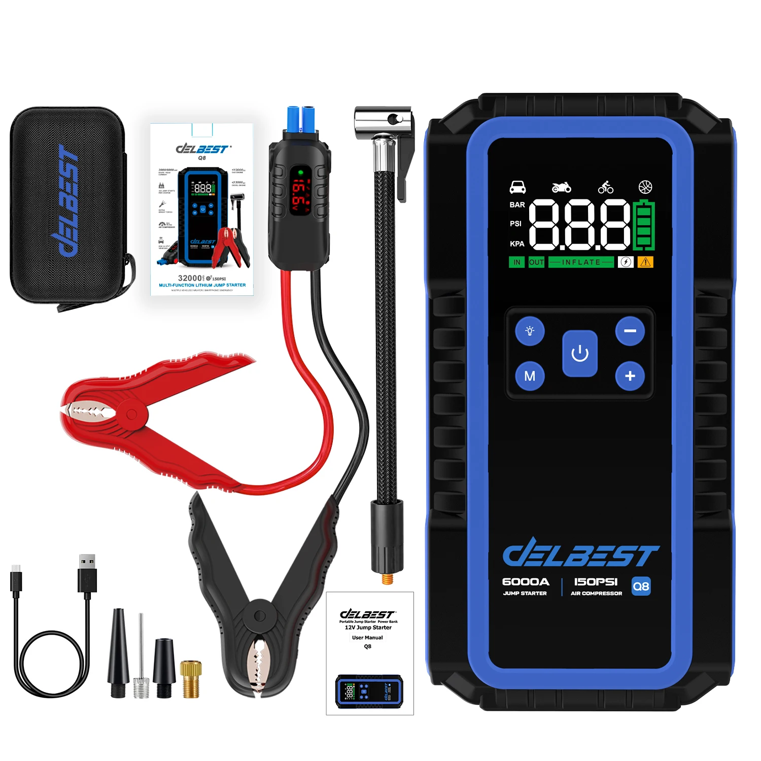 Démarreur de secours tout-en-un 12V 32000mAh 6000A avec pompe à air 150 PSI, chargeur PD 65W et moniteur de pression des pneus pour voitures compactes/motos