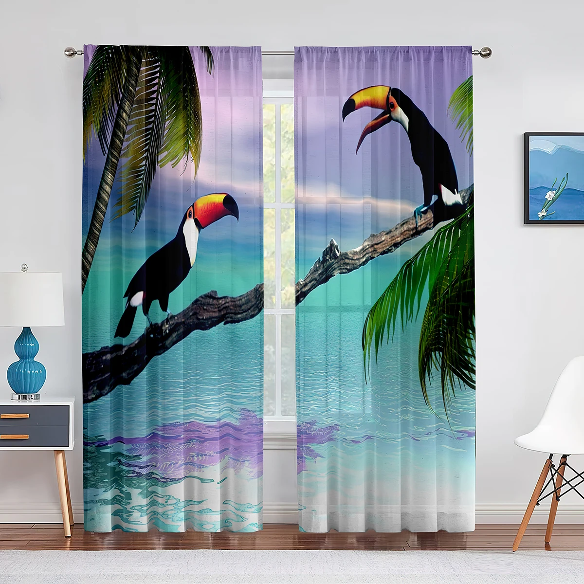 Tropical Bird Toucan Palm Tree Leaf Ocean Sheer Voile Curtains for Kitchen Living Room Bedroom Tulle Curtains Window Treatment