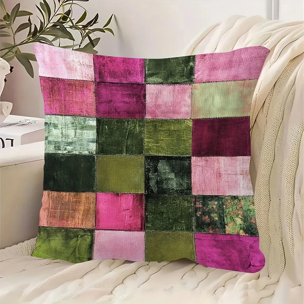 

Pink Green Checkered Patchwork Pillowcase 2D Flat Printed Peach Skin Decorative Cushion Cover for Sofa Living Room Home Decor