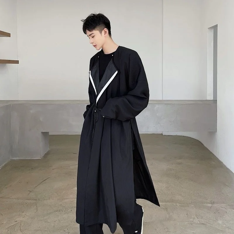 Cardigan à Col Rond avec Fente Latérale, Coupe-vent Noir Hanfu, Ceinture de Structure, Manteau Long Respiré, 2Y2357, Nouvelle Collection Automne 2022