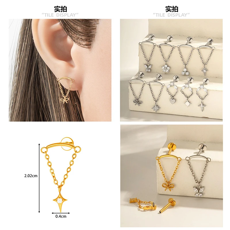 

1PC G23 Titanium Ear Stud Internal Thread Flatback Tassel Pendant CZ Dangle Chain Helix Cartilage Tragus Labret Piercing Jewelry