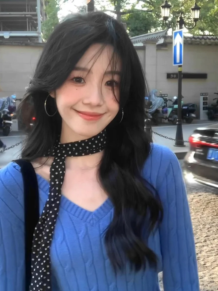 アメリカン Sle スパイシーガール ブルー V-Ne ニットセーター レディース ロング Sve インナーウェア ツイストセーター 通勤 Sle スリムフィット