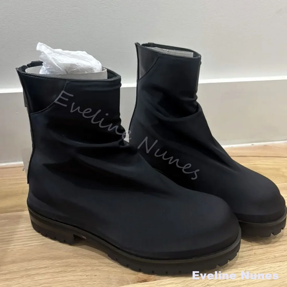 Men Black Ruched Ankle Boots Round Toe Back Zipper Soft Fabric Patchwork Leather Work Boots Anti-slip Flat Fashion Hiking Boots