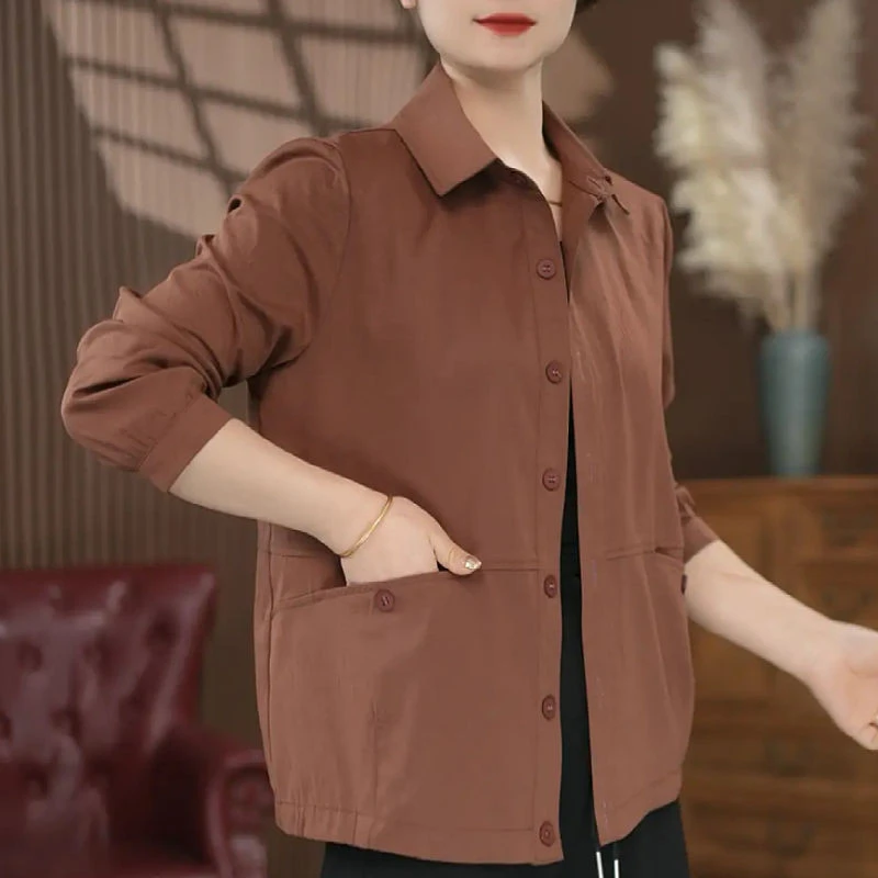 

Retro Minimalist Solid Women's Spring Autumn New Patchwork Polo Collar Button Pocket Loose Casual Long Sleeved Jackets
