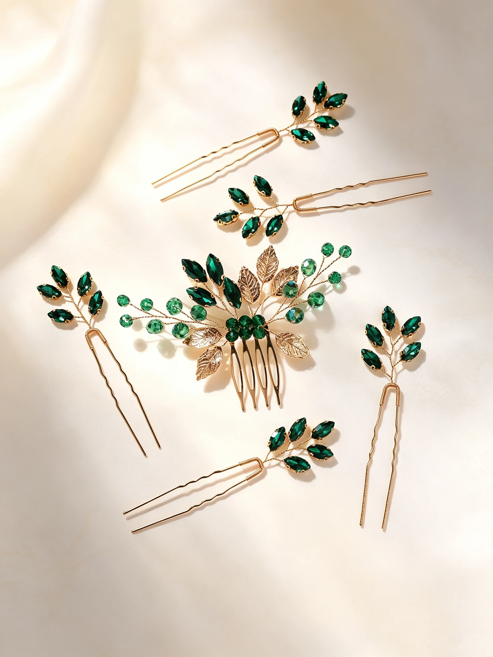European and American Retro Green Leaf Rhinestone Hair Comb and Hairpin Set, Emerald Leaf Hairpin, Bridal Wedding Updo Hair Accessory Set