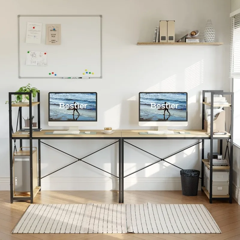 Bestier 47 Inch Computer Desk with Adjustable Shelves, Simple Writing Desk with Reversible Bookshelf and Metal Legs for Home
