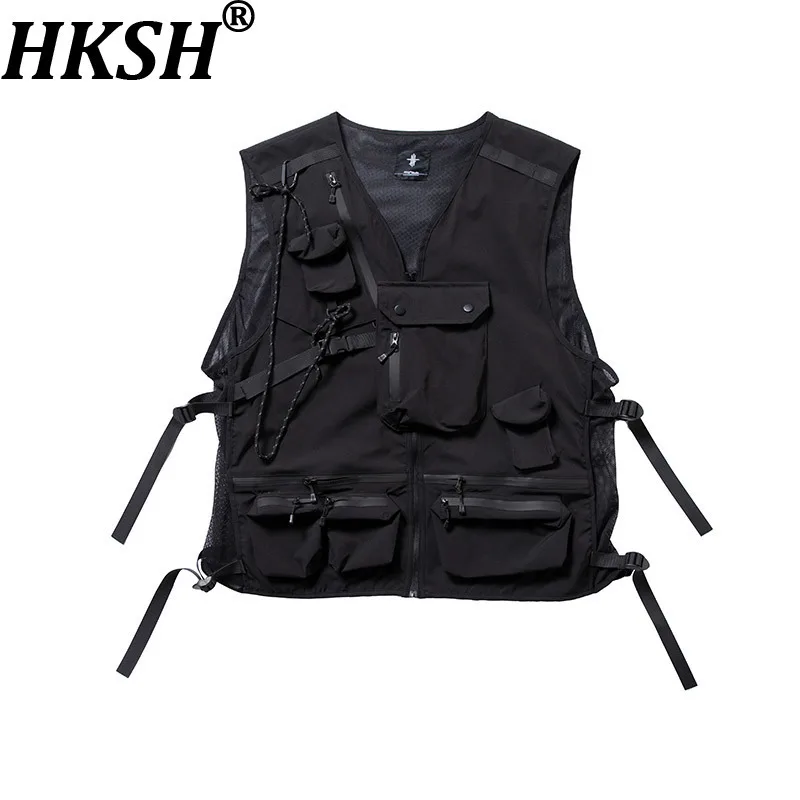HKSH Spring Summer New Man Dark Safari Style Outdoor Tactical Vest Jacket Multi-Pocket Ribbon Functional Women Waistcoat HK13980