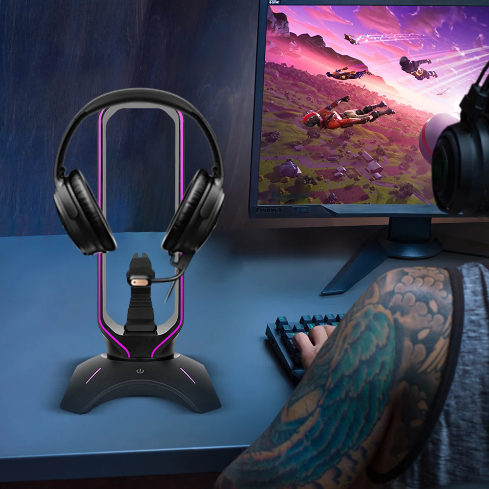 

RGB Gaming Headphone Stand with Mouse Bungee Cord Holder Over-Ear Headset Holder with USB 2.0 Hub Gaming Accessories