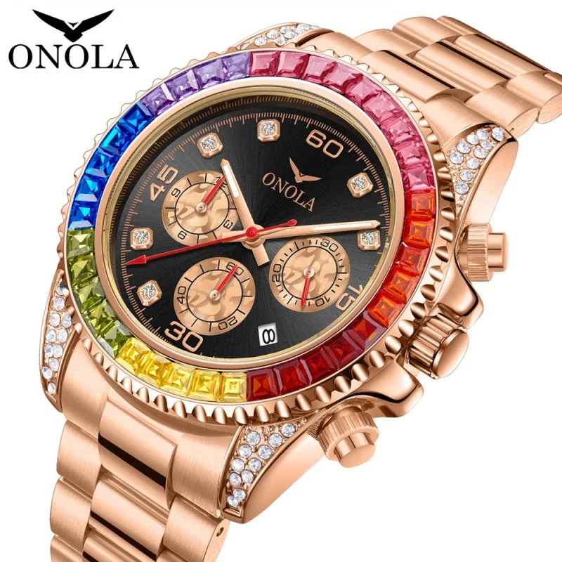 

ONOLA 6842G TOP Деловые золотые кварцевые часы мужские цветные бриллианты из нержавеющей стали водостойкий светящийся календарь мужские роскошные часы