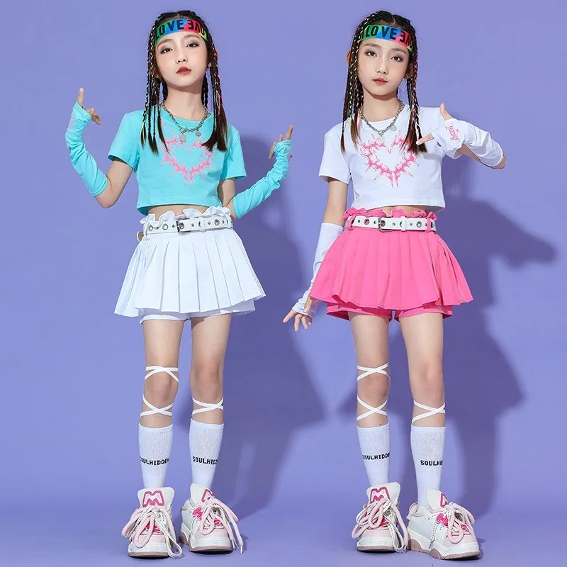 Letni modny strój do jazzu dla dziewczynki na rok 2025, miękki zestaw sukienki z T-shirtem, kostium do występów, kostium taneczny, strój Kpop dla dzieci, strój rave