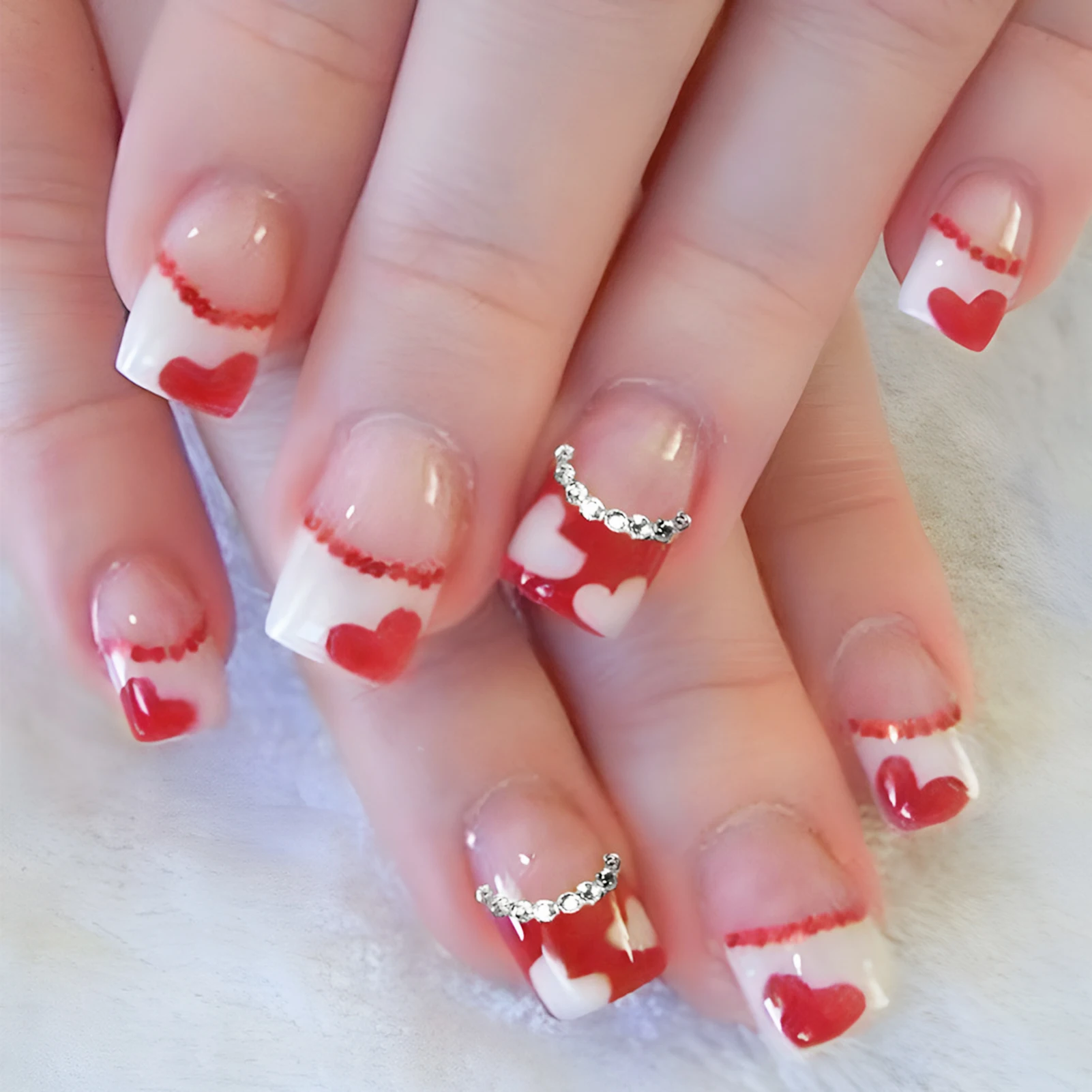 Valentine's Square Fake Nails with Heart Printed Odorless Provides a Comfortable Experience for Daily and Parties Wearing