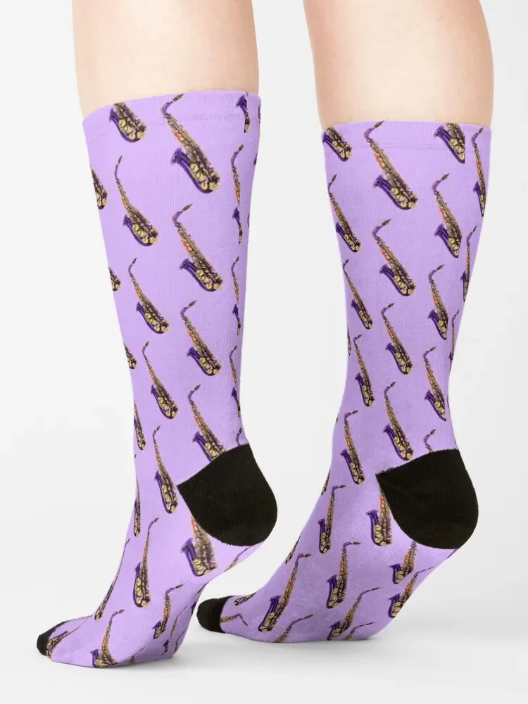 Calcetines de saxofón Alto para hombre y mujer, Medias móviles de color púrpura, violeta y dorado, Regalos divertidos de invierno, marca de lujo