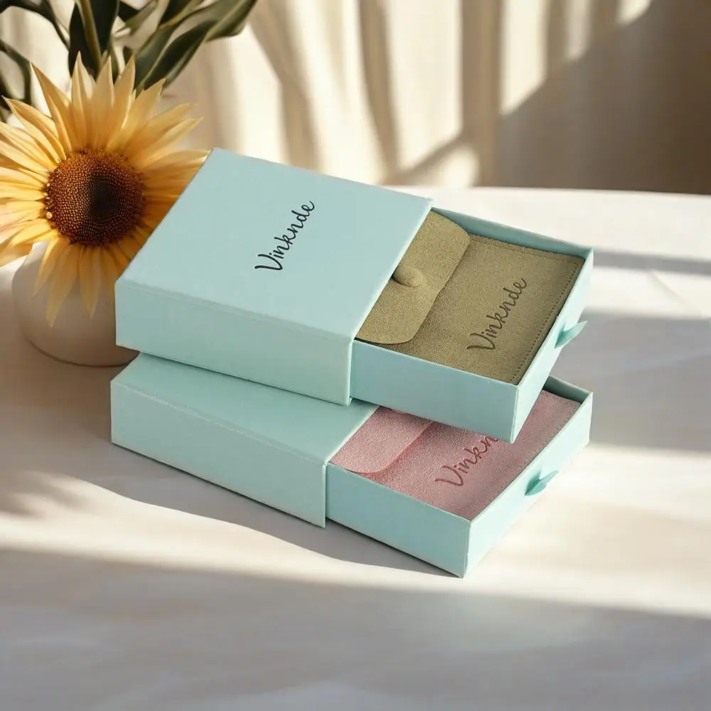 

50set 9x9x2.5cm Paper Earrings Drawer Box Custom Logo Cardboard Jewelry Packaging Case Inside 8x8cm Microfiber Snap Button Bulk