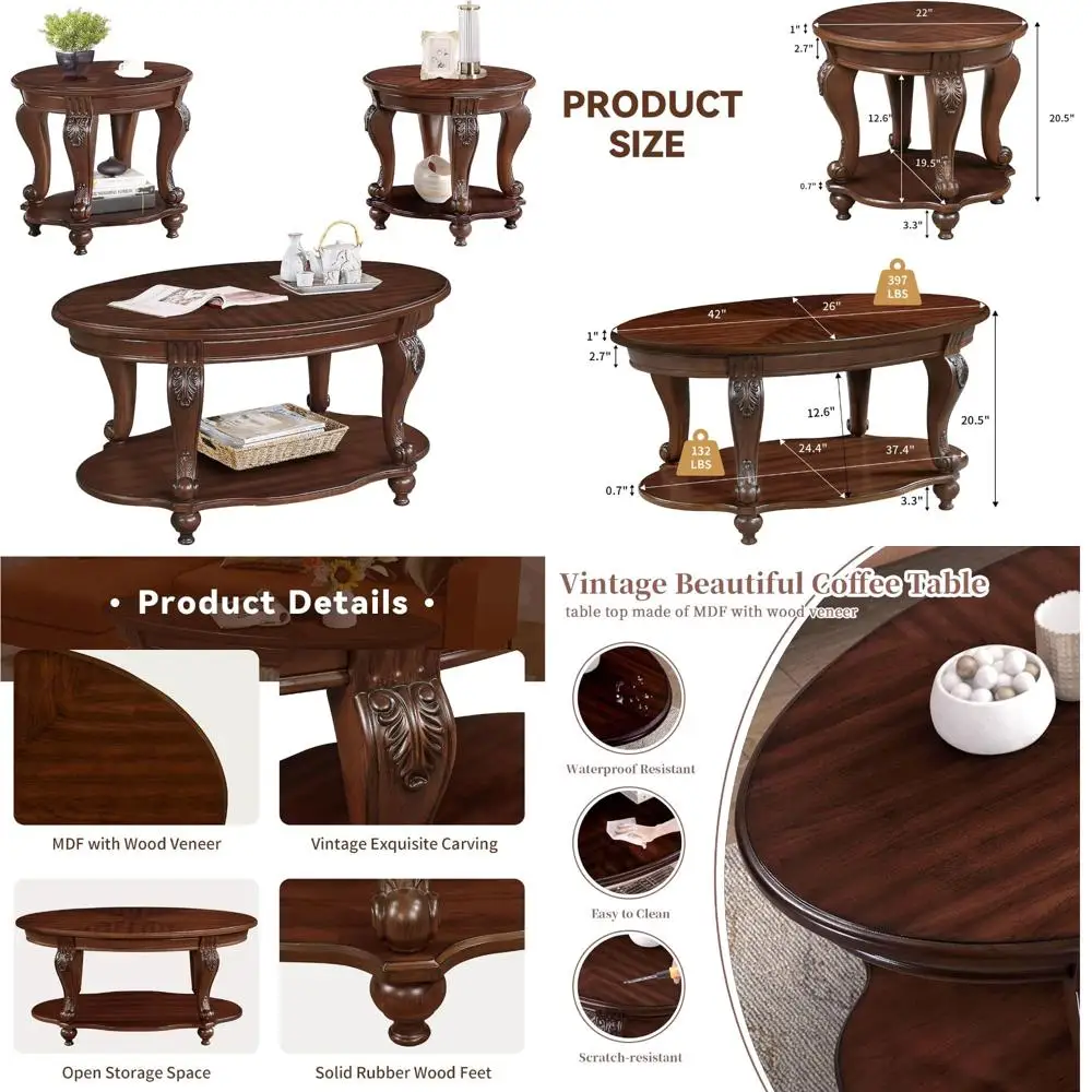 Farmhouse Style Oval and Round Coffee Table Set with Storage Shelf for Living Room, Antique Elegant Design