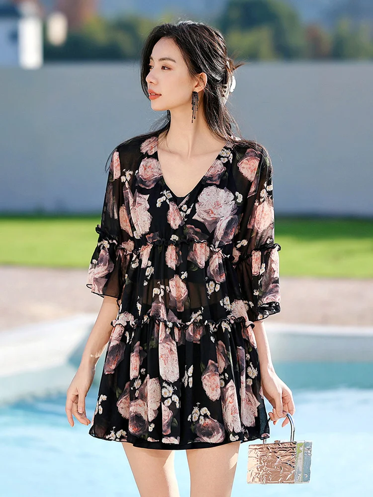 

Conservative Tee-Piece Retro Swimsuit Women's Loose Fit Separate Bikini Vaion Long Sve V-Ne Large Size plus MM200