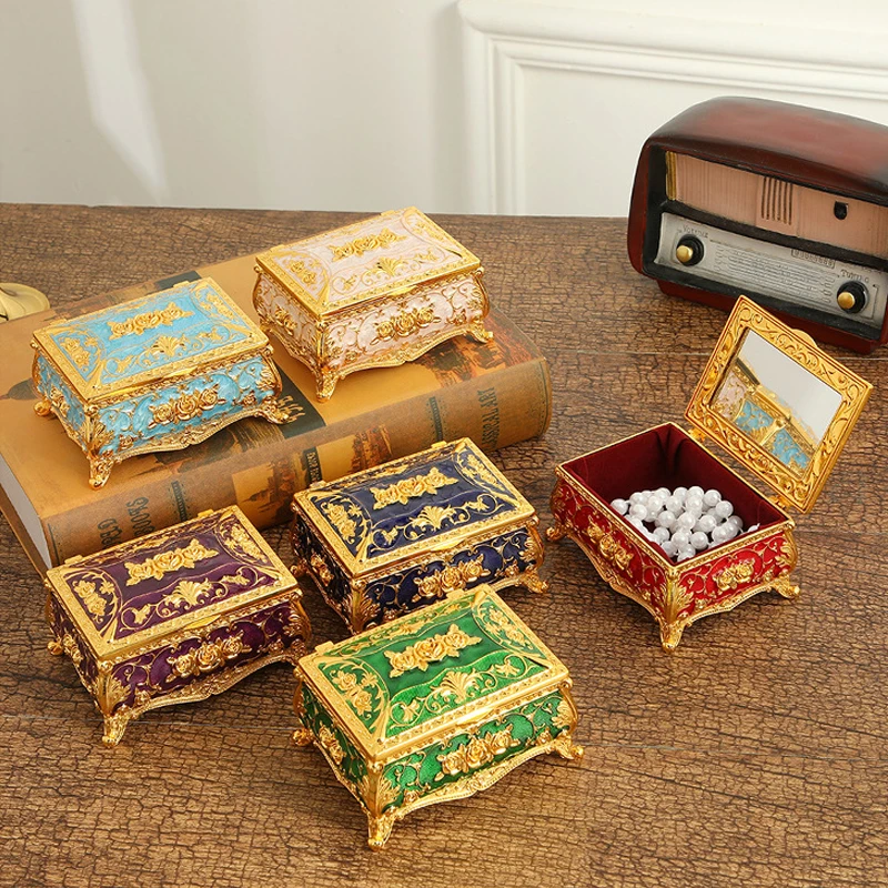 

Luxury Enamel Color Rose jewelry box With Mirrors European Style Necklace Ring Trinket Box Jewelry Holder Gifts for Women