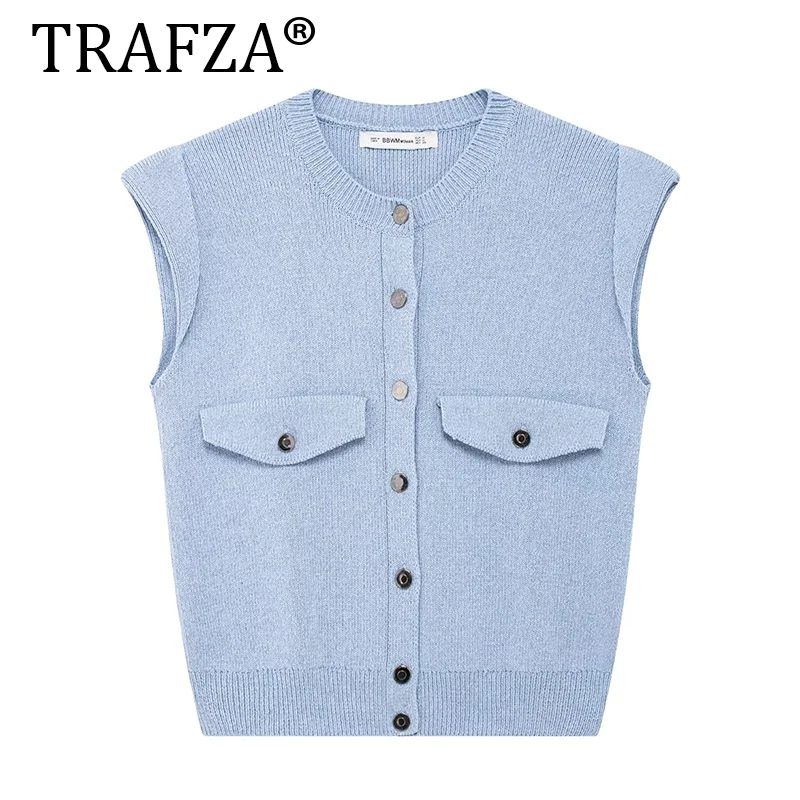 TRAFZA Vintage Chic Women Vest Solid O-Neck Single Breasted Sleeveless Knitted Sweaters New Fashion 2024 Autumn Female Tops