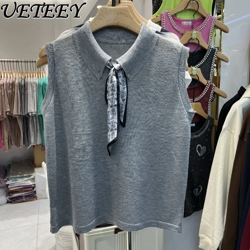 

Summer New Korean Style Polo Collar Sleeveless Knitted Shirt Elegant Women Loose Solid Color Vest Scarf Tank Tops for Women