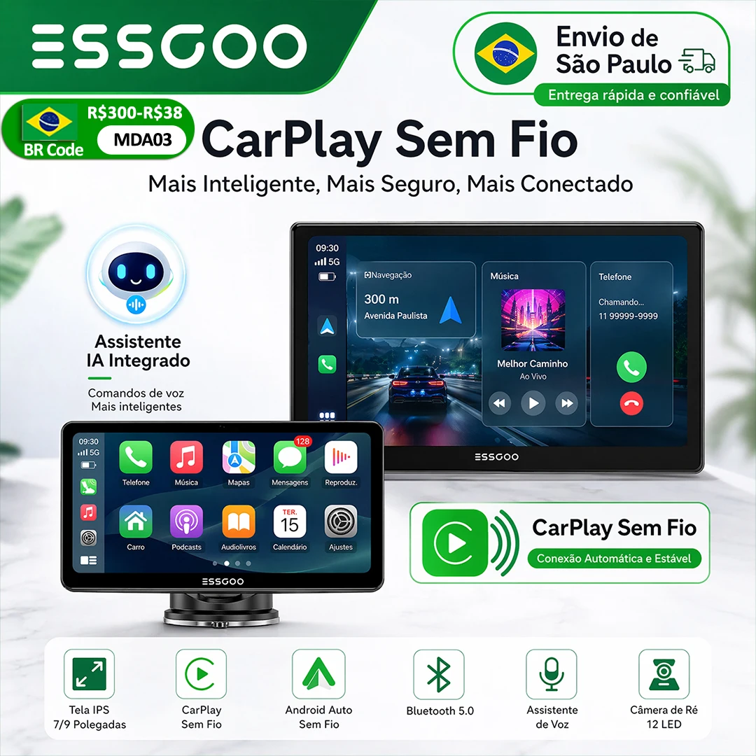 Essgoo tela portátil 7/9 "sem fio carplay câmera de ré hd rádio dvr mp5 leitor multimídia para carro com android auto
