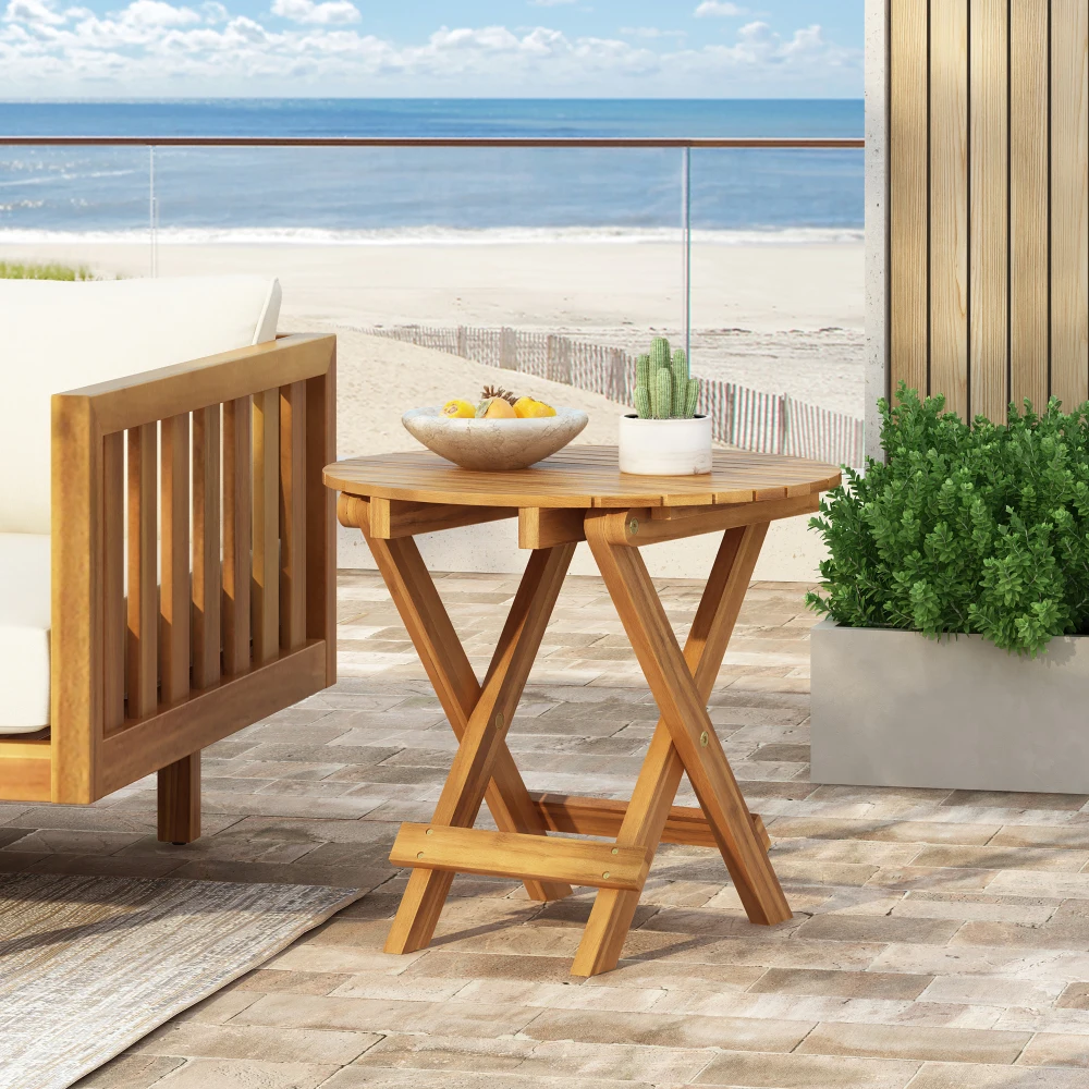 

No Installation Required Foldable and Adjustable Outdoor Acacia Wood Side Table Teak Finish
