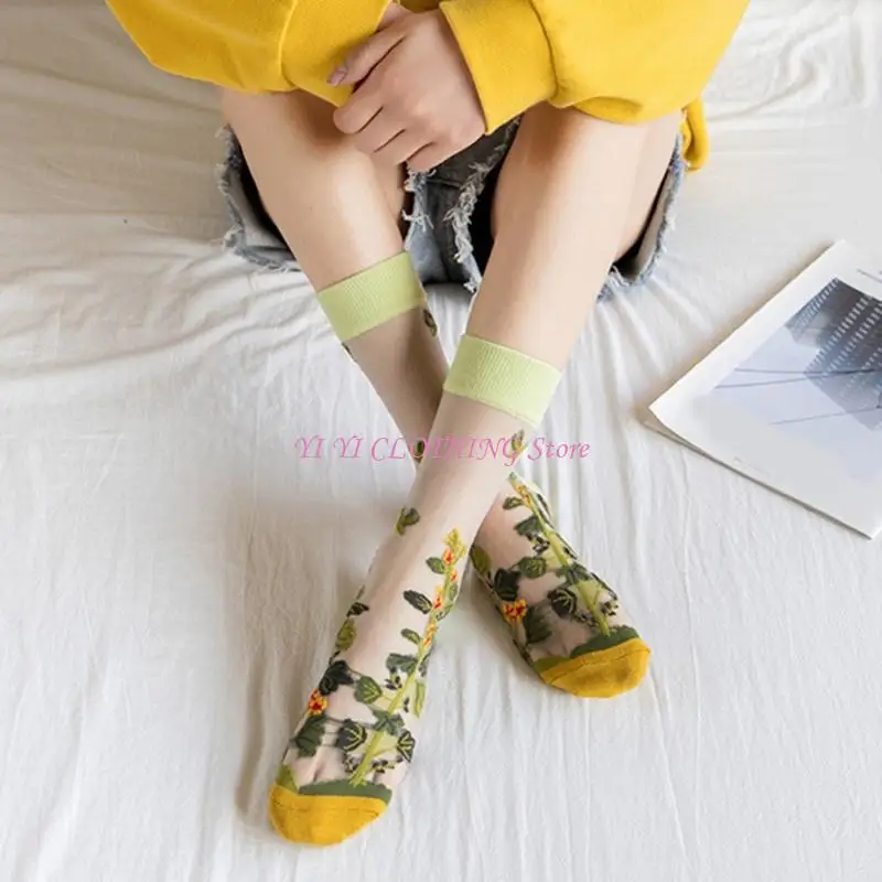 N5KF جوارب الأزهار المرنة للنساء متوسطة الطول تصميم خفيف الوزن انظر من خلال الجوارب #4
