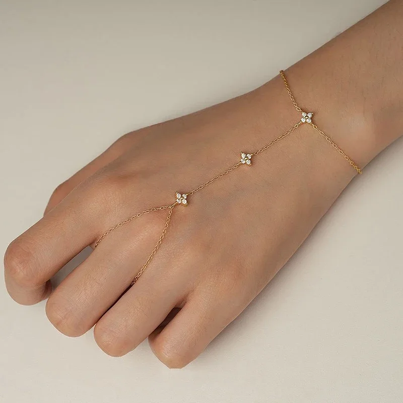 SOFTPIG ريال 925 فضة تألق الزركون البرسيم فنجر سلسلة سوار للنساء بوهيميا غرامة مجوهرات اكسسوارات النبات