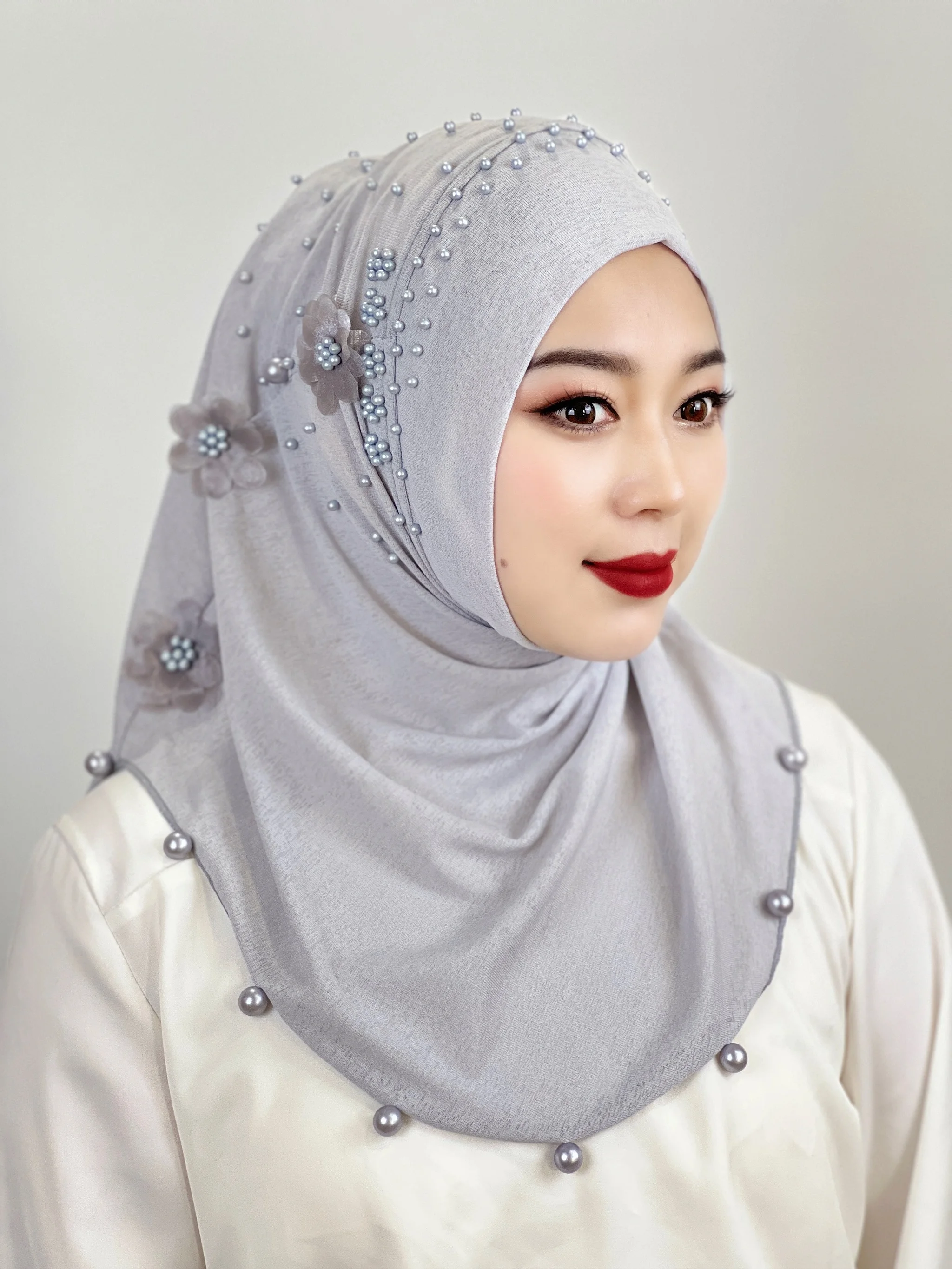 2024 Summer New Muslim Solid Color Women\'s Headscarf Hat Beaded Flower Shawl Elastic Pullover Headscarf