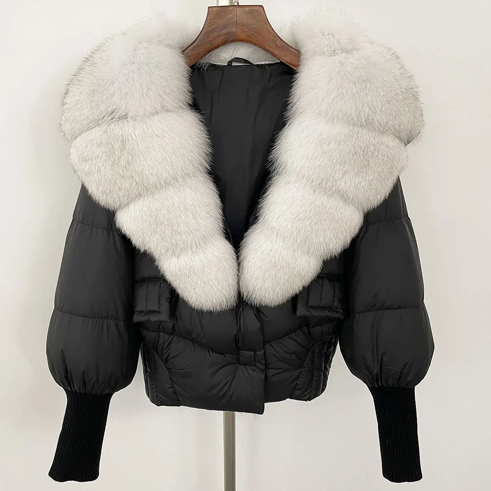 Abrigo con Cuello de piel para mujer, chaqueta de plumón de pato blanco, abrigo de piel de zorro de mapache Real, holgado, elegante, informal, para oficina, invierno, 2024
