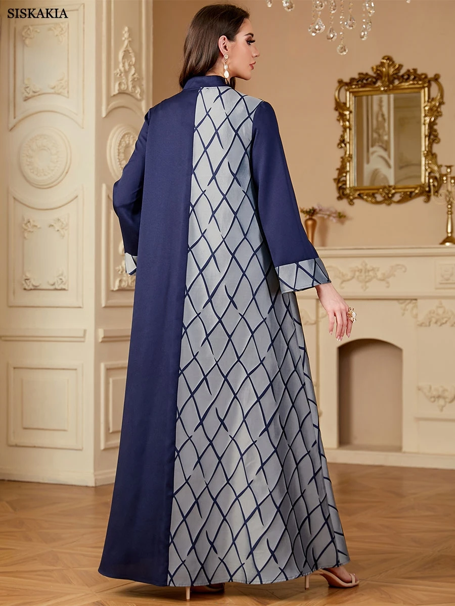 Siskakia Ramadan-Dubai Cekiny Panel Haft Długie Sukienki Dla Muzułmanek Patchwork Rękaw Kebaya V-Neck Abayas