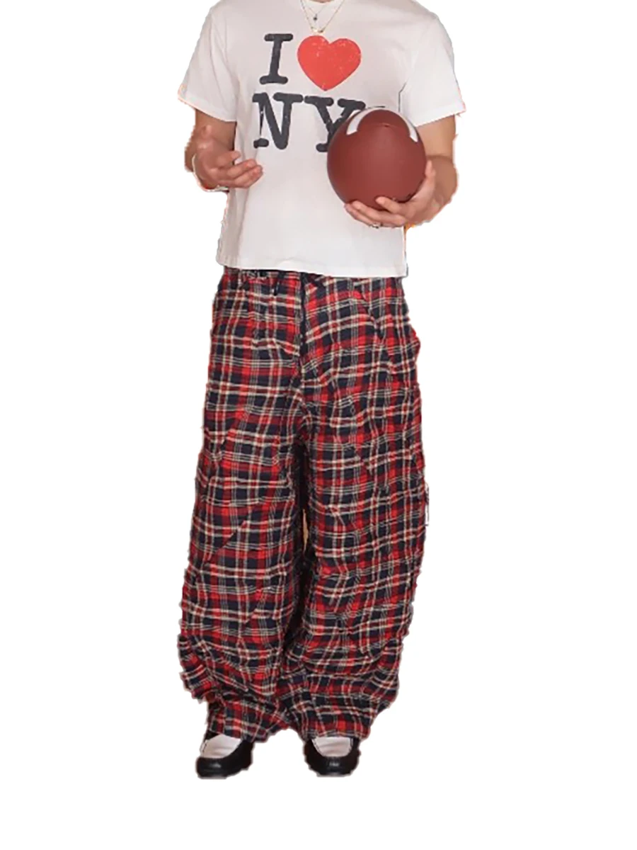 

Mauroicardi Autumn Cool Baggy Colorful Plaid Stacked Wide Leg Pants for Mens Elastic Waist Luxury Designer Clothes Streetwear