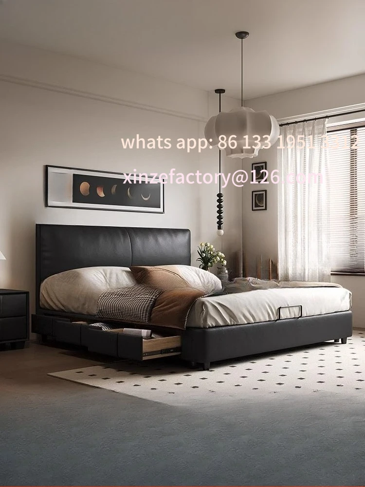 

Customizable Modern minimalist cream style master bedroom double bed high box storage Italian minimalist black leather bed