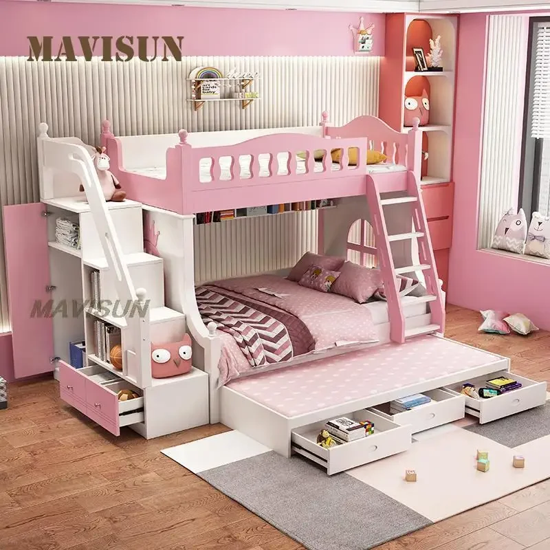 bed Modern Small Apartment Home Furniture Nordic Style Children Two-Layer With Drawers Suitable Pink Bunk  With Slide